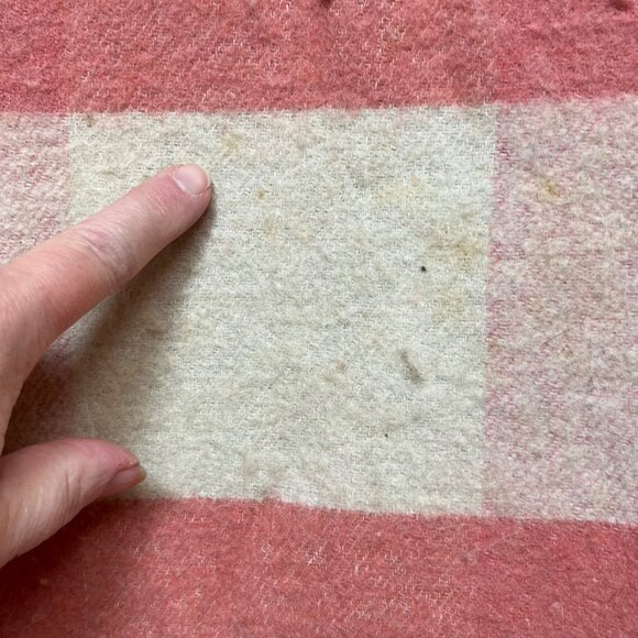 Vintage Pink & Cream Plaid Wool Camp Blanket Stripe Check Double Length 156 X 72 - Picture 4 of 9